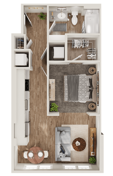 Floor plan for studio, 1 bath, 599 sqft